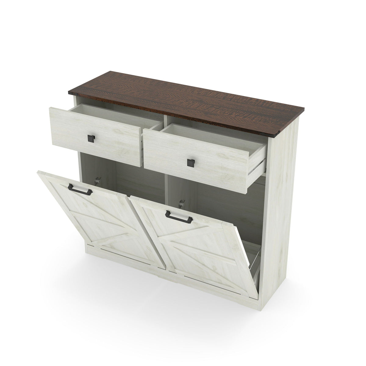 Double Tilt Out Trash Cabinet with Hideaway Drawer - Barn Door Style