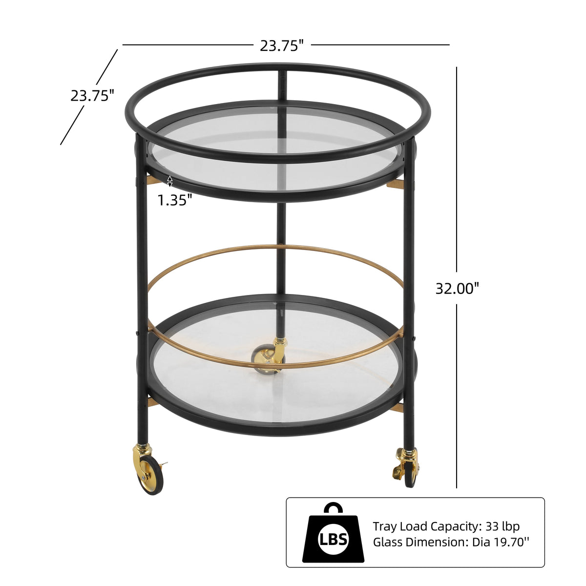 Modern Round Bar Cart with Tempered Glass Shelves - Black and Gold