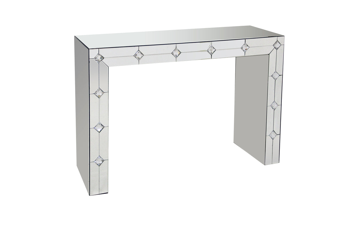 Hessa Mirrored & Faux Rhinestone Console Table with Sled Base – Silver
