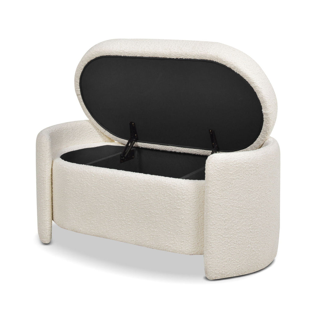 Ivory White Oval Storage Bench with Three-Compartment Interior - Upholstered