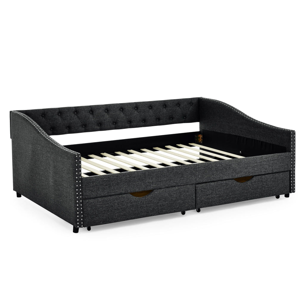Upholstered Tufted Daybed with 2 Drawers and Waved Arms - Multiple Colors