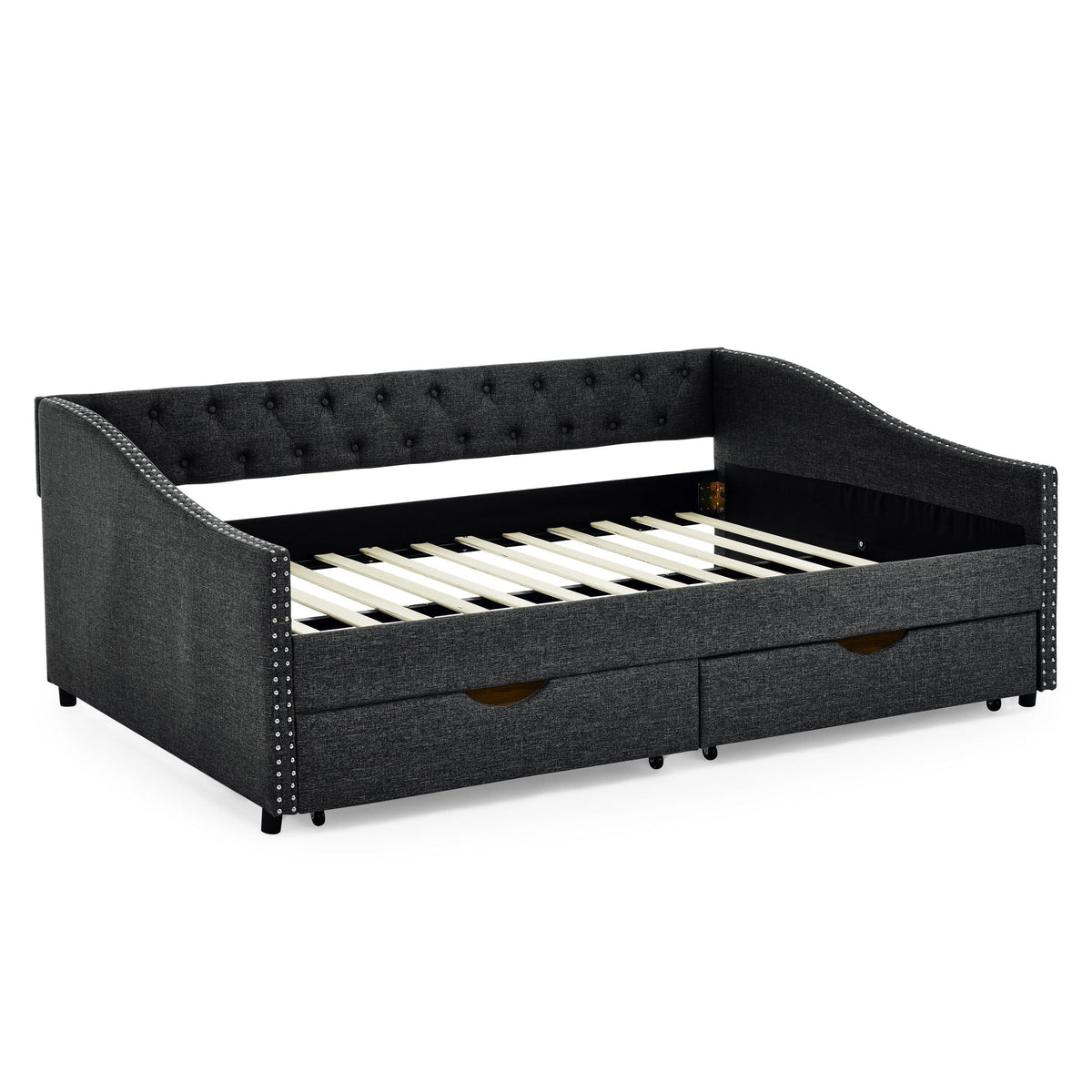 Upholstered Tufted Daybed with 2 Drawers and Waved Arms - Multiple Colors