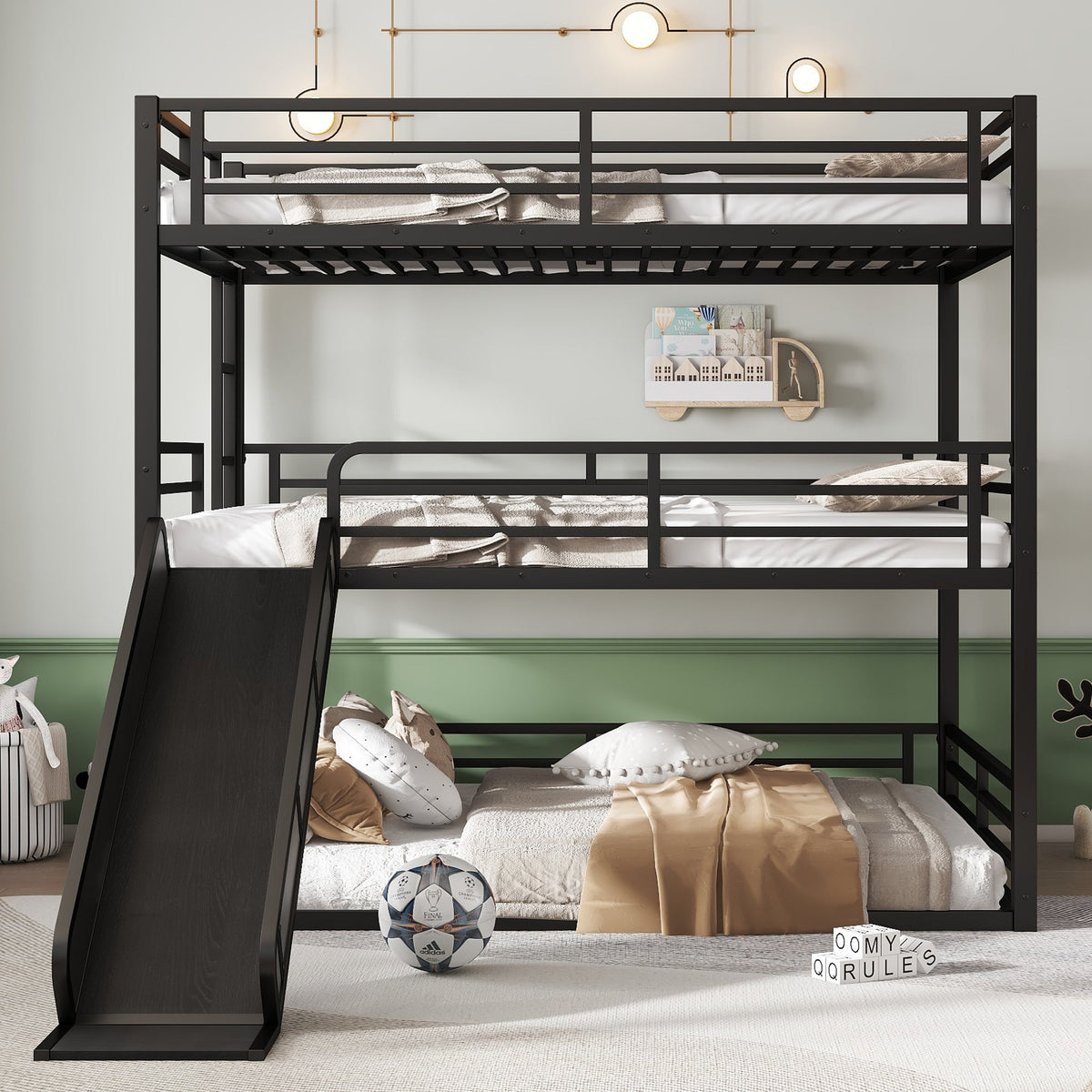 Queen Over Queen Triple Bunk Bed with Slide - Metal Frame