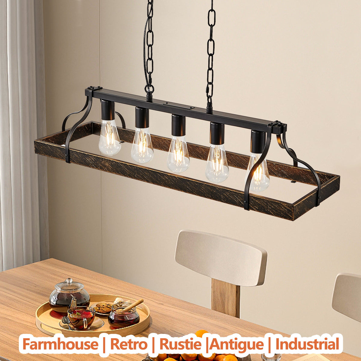 34-Inch Vintage Pendant Light with Adjustable Height - Black and Gold