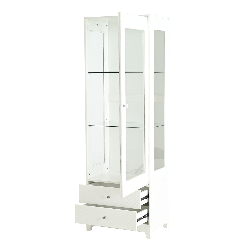 Modern Upholstered Glass Display Cabinet with Adjustable LED Light - White