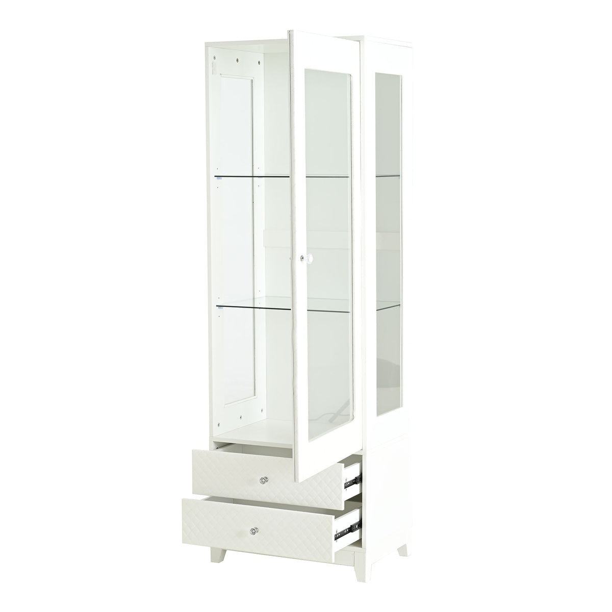 Modern Upholstered Glass Display Cabinet with Adjustable LED Light - White