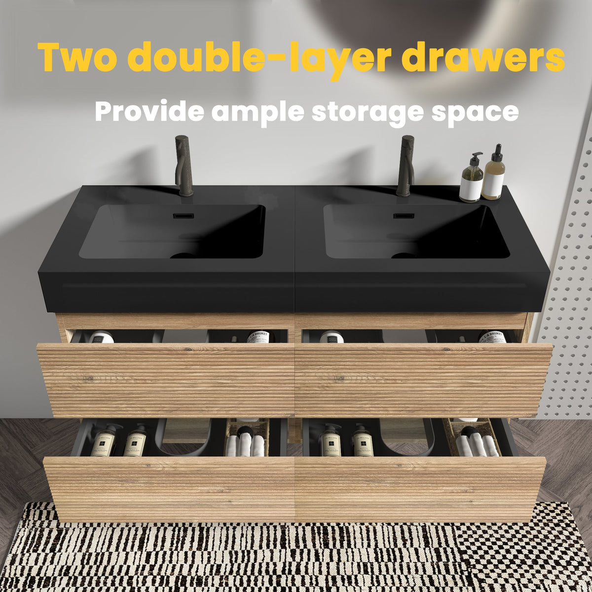 Grace 48'' Rough Bathroom Vanity with Double Drawers - Walnut