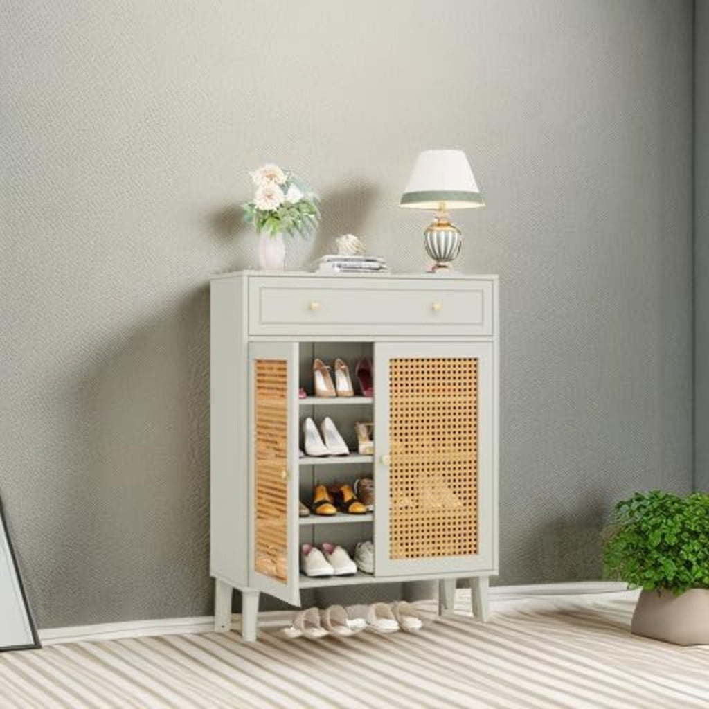 Mint Green Shoe Cabinet With Rattan Doors and Drawer - 4 Tier Storage Organizer