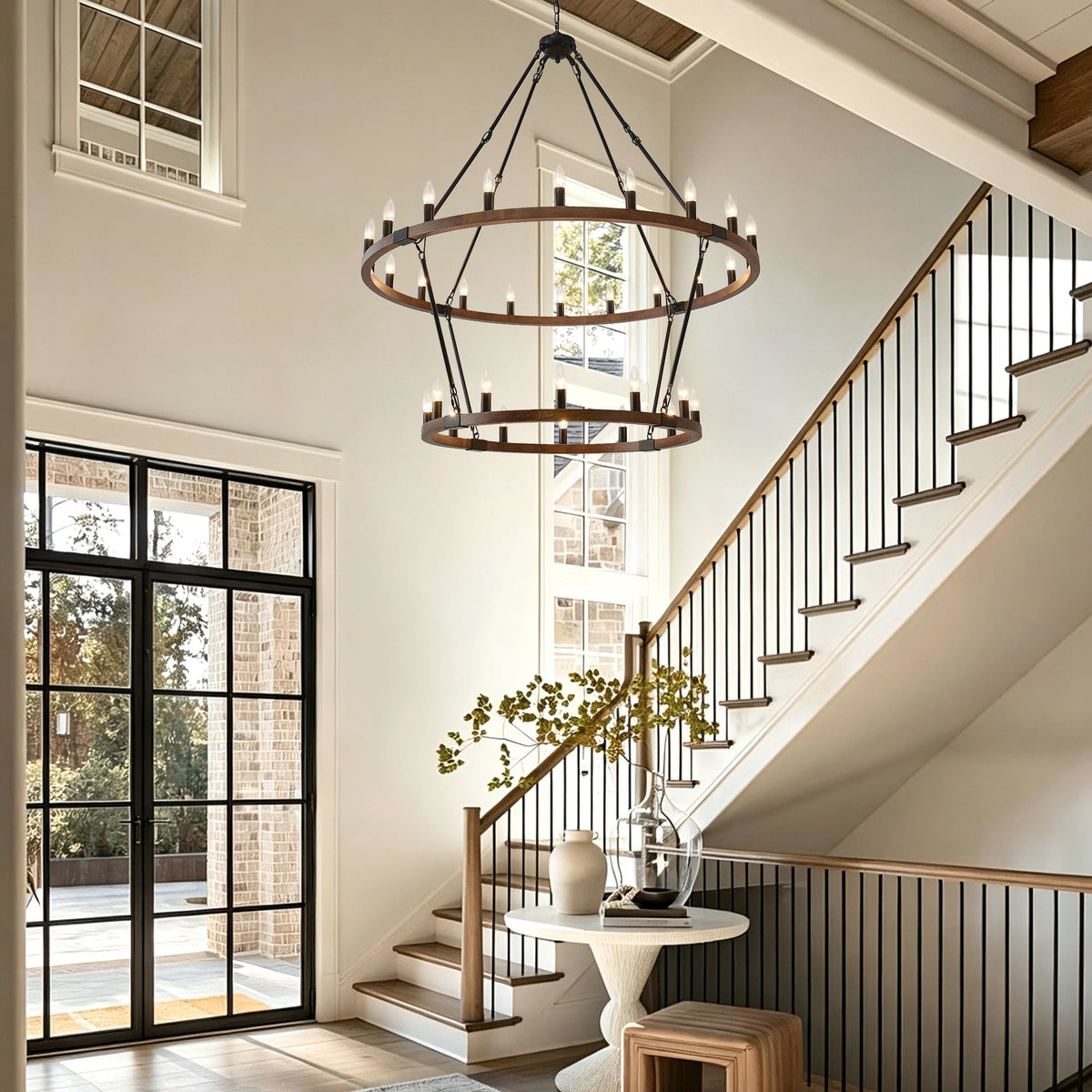 Large Solid Wood Wagon Wheel Chandelier with 2-Tier 32 Lights