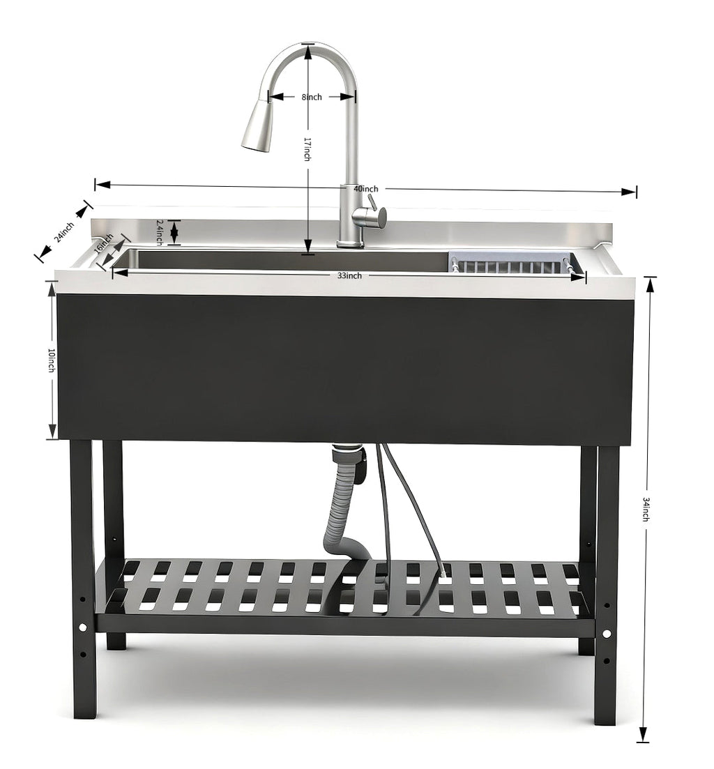 Stainless Steel Utility Sink with Pull-Out Faucet - Silver & Black