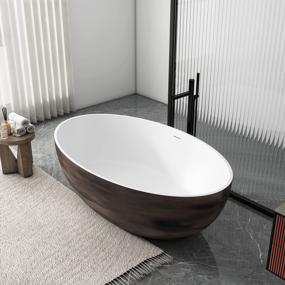 67 Inch Freestanding Solid Surface Soaking Bathtub with Matte Finish - White+Walnut or Black