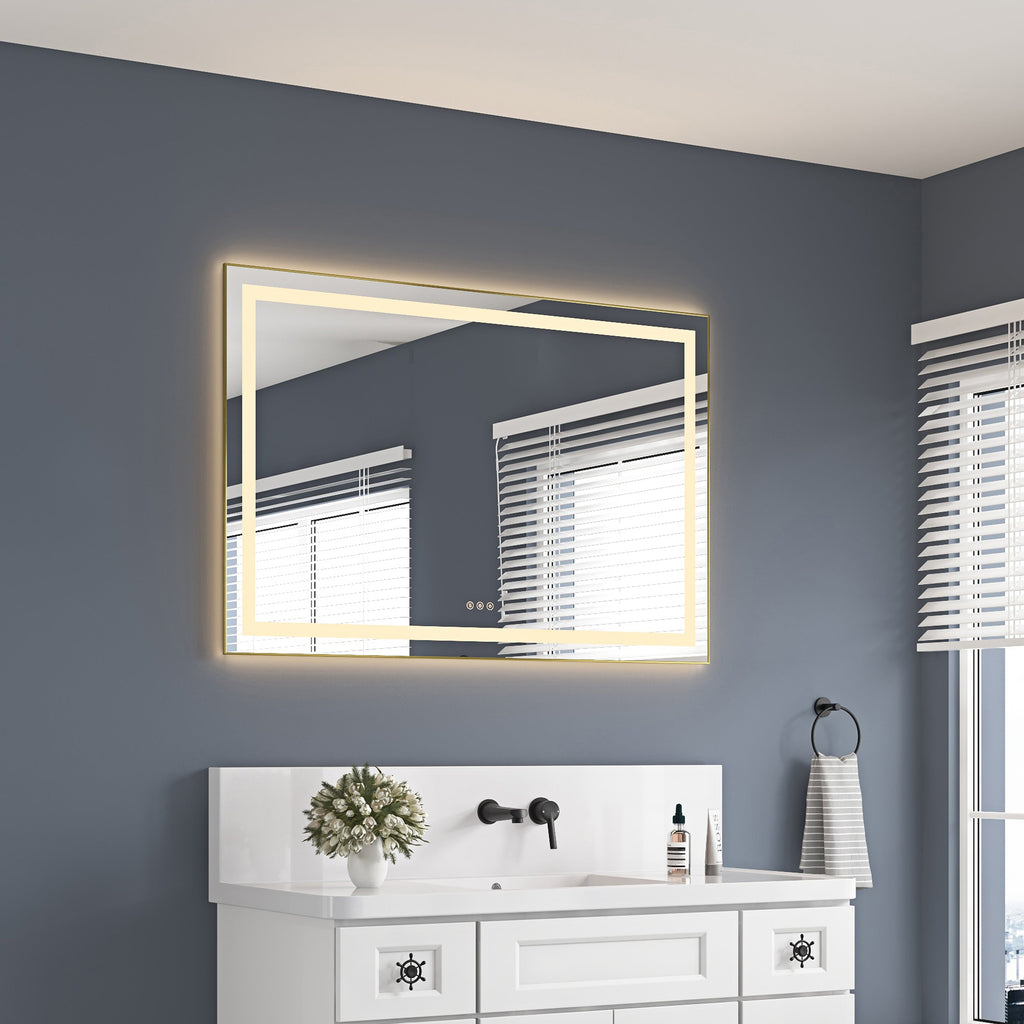 48" x 32" LED Bathroom Mirror with Front and Backlight - Brushed Gold or Gun Ash
