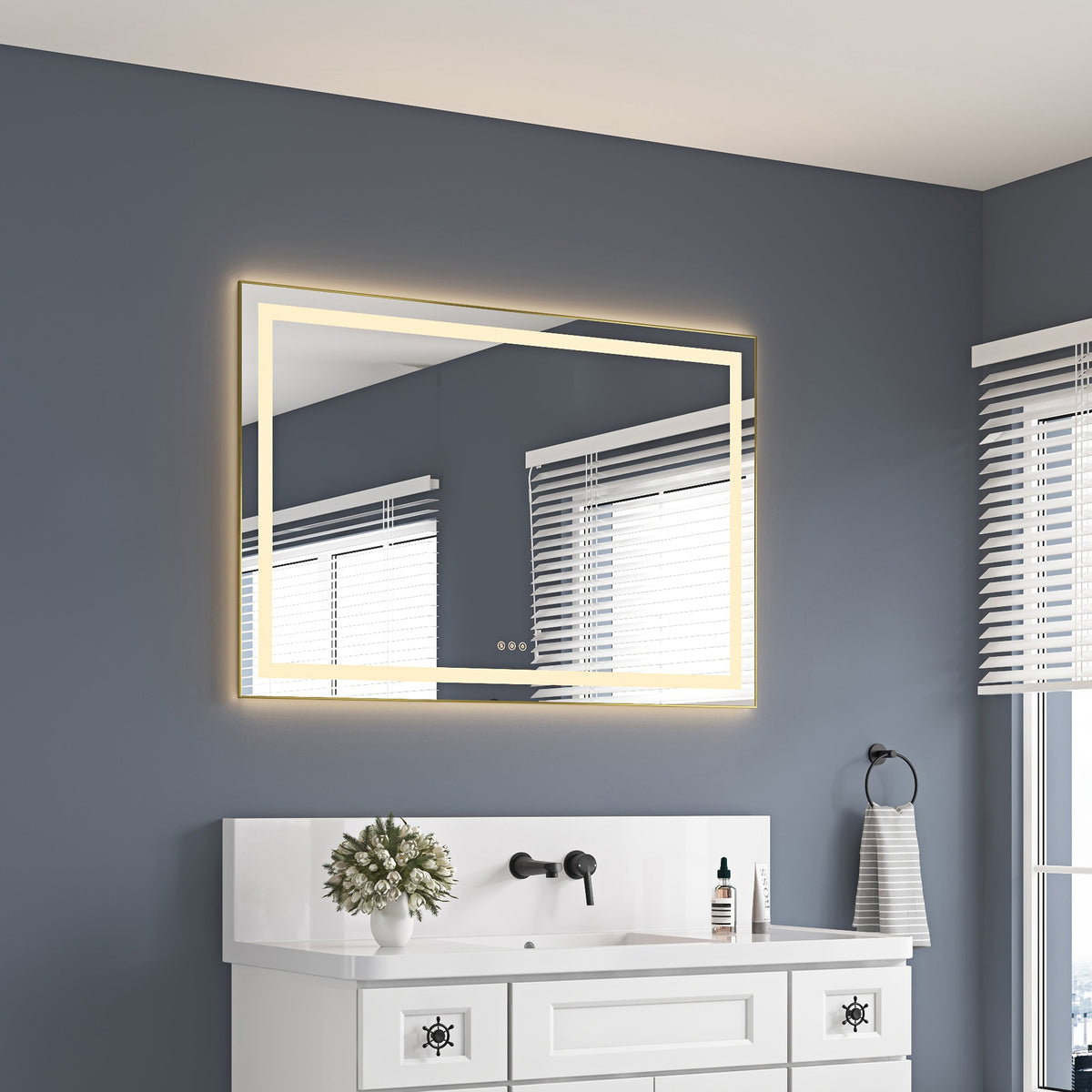 48" x 32" LED Bathroom Mirror with Front and Backlight - Brushed Gold or Gun Ash