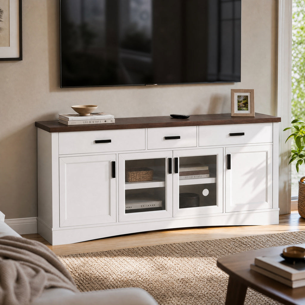 Modern TV Stand with Glass Doors and Adjustable Shelves - White