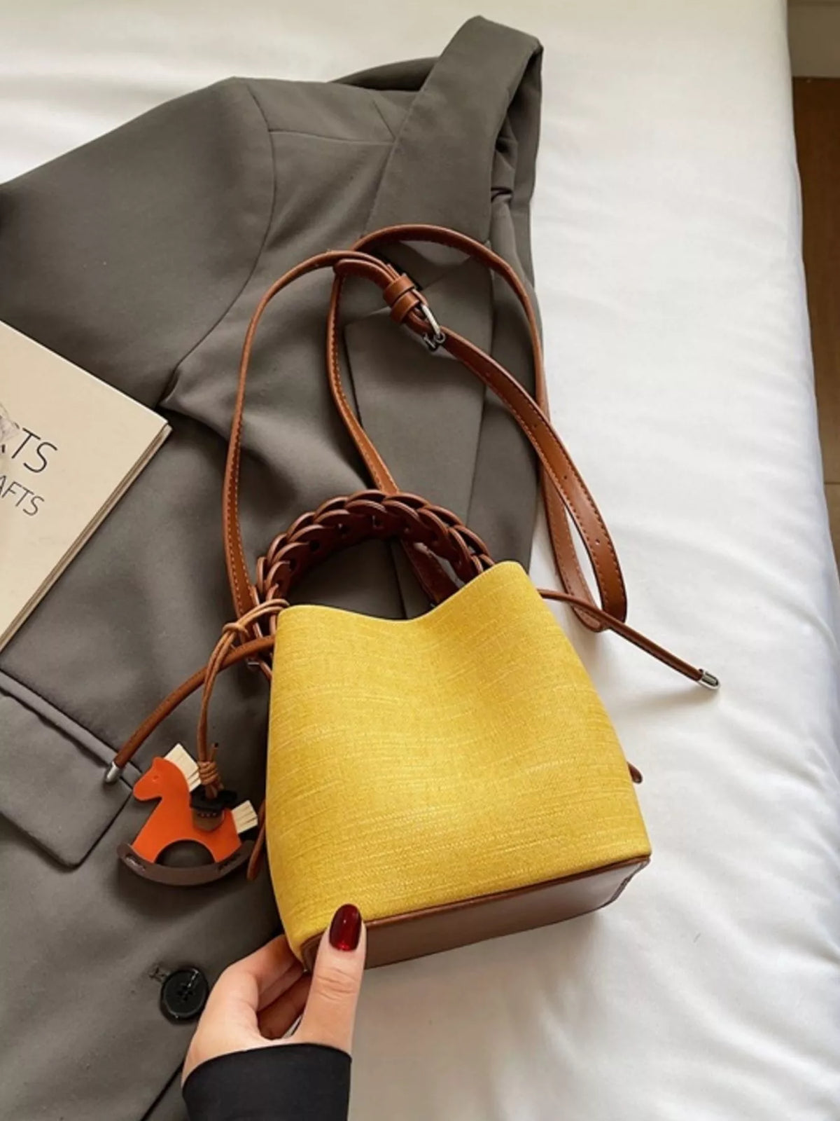 Braided Top Handle Bucket Crossbody Bag