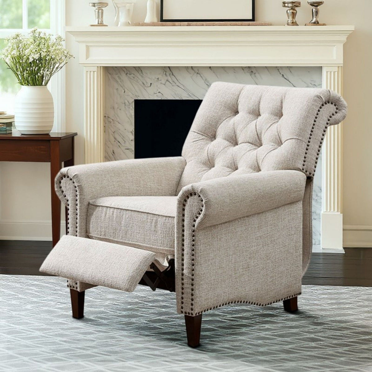 Cream Push Back Recliner Chair with Tufted Back and Nailhead Trim