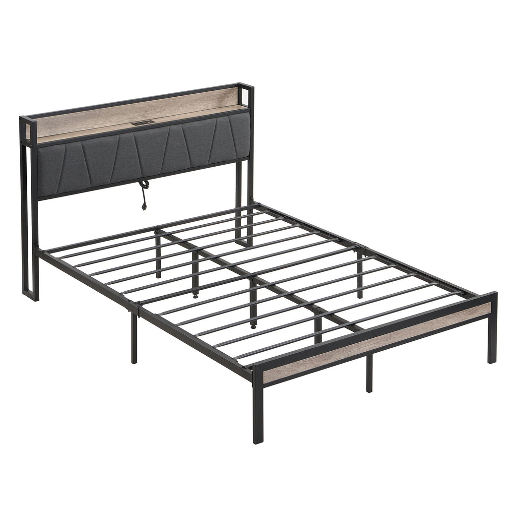 Modern Bed Frame with LED Lights and USB Charging - Light or Dark Brown