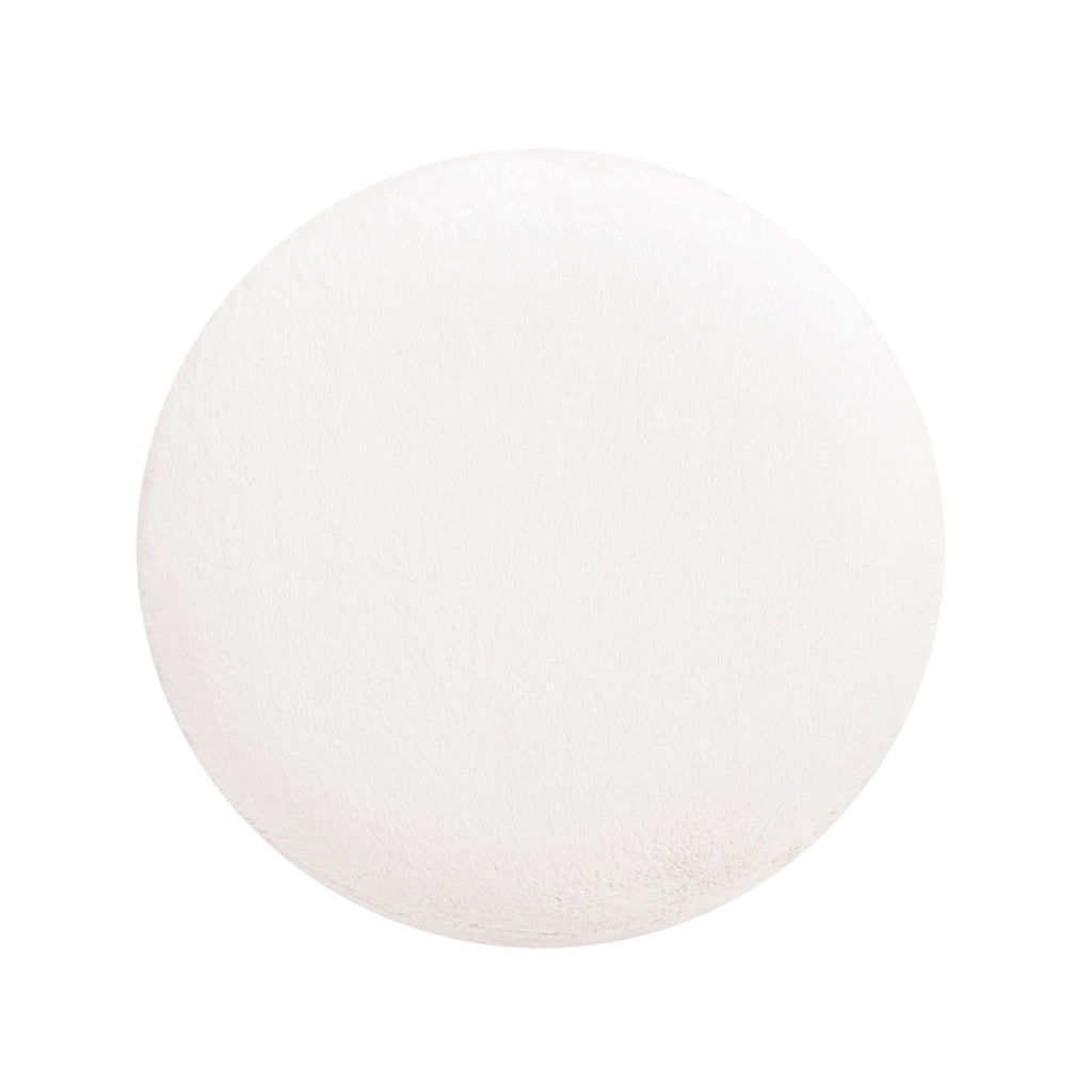 Round Fur Upholstered Pouf Ottoman with Burl Base - White