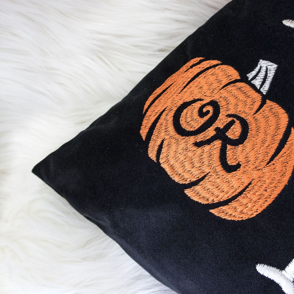 Embroidered Halloween Lumbar Pillow with Festive Designs - Black