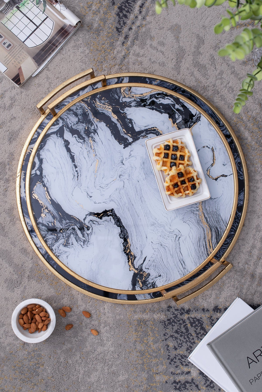 Round Decorative Tray Set with Abstract Marbled Design and Gold Handles - Black & White
