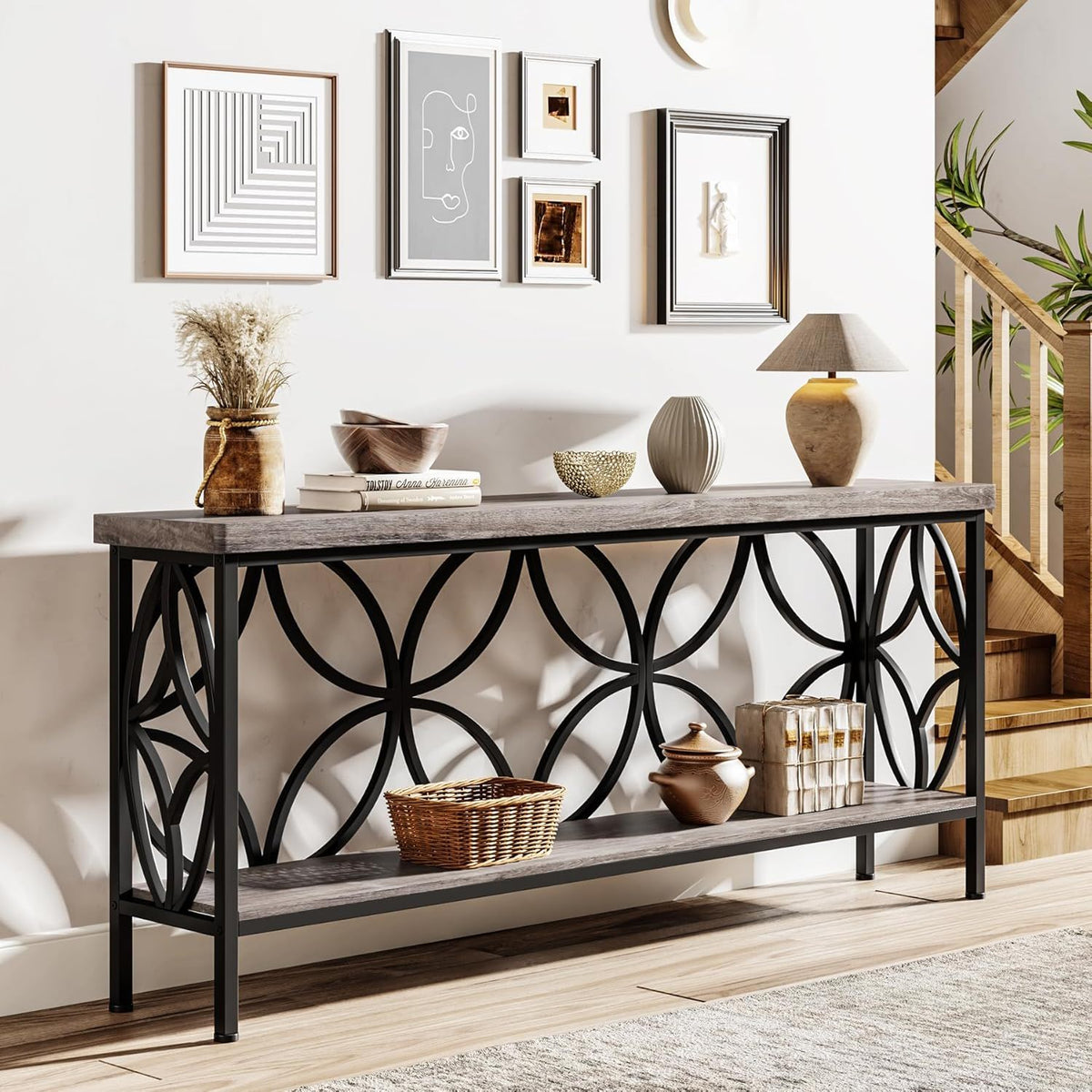 Extra Long Console Table with Open Storage Shelves - Dark Gray or Dark Brown