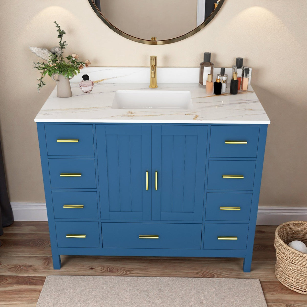 42" Modern Solid Wood Bathroom Vanity with Carrara Sink - Blue or White