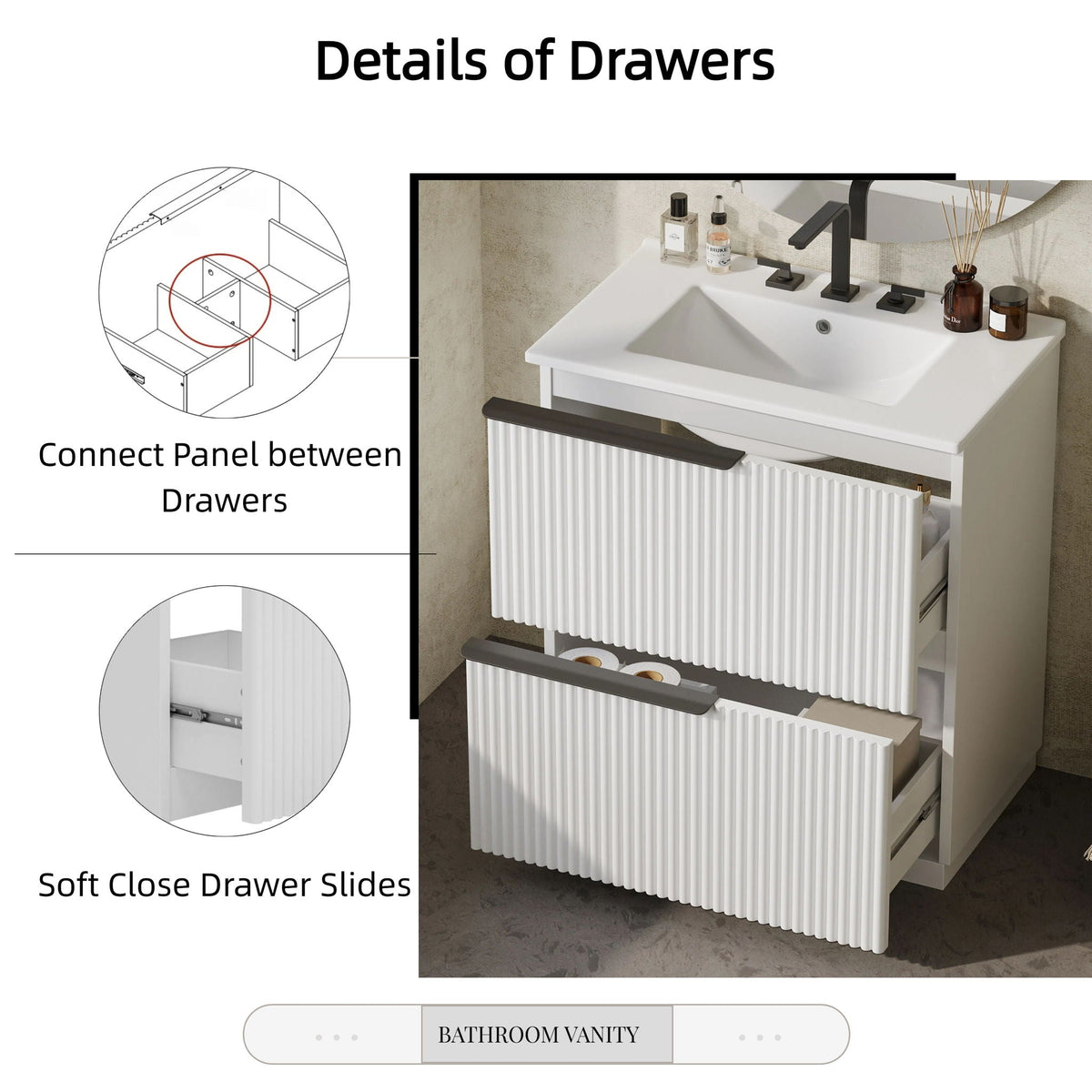 Fluted Bathroom Vanity with Ceramic Sink and Moisture-Proof Cabinet - 30" Wide