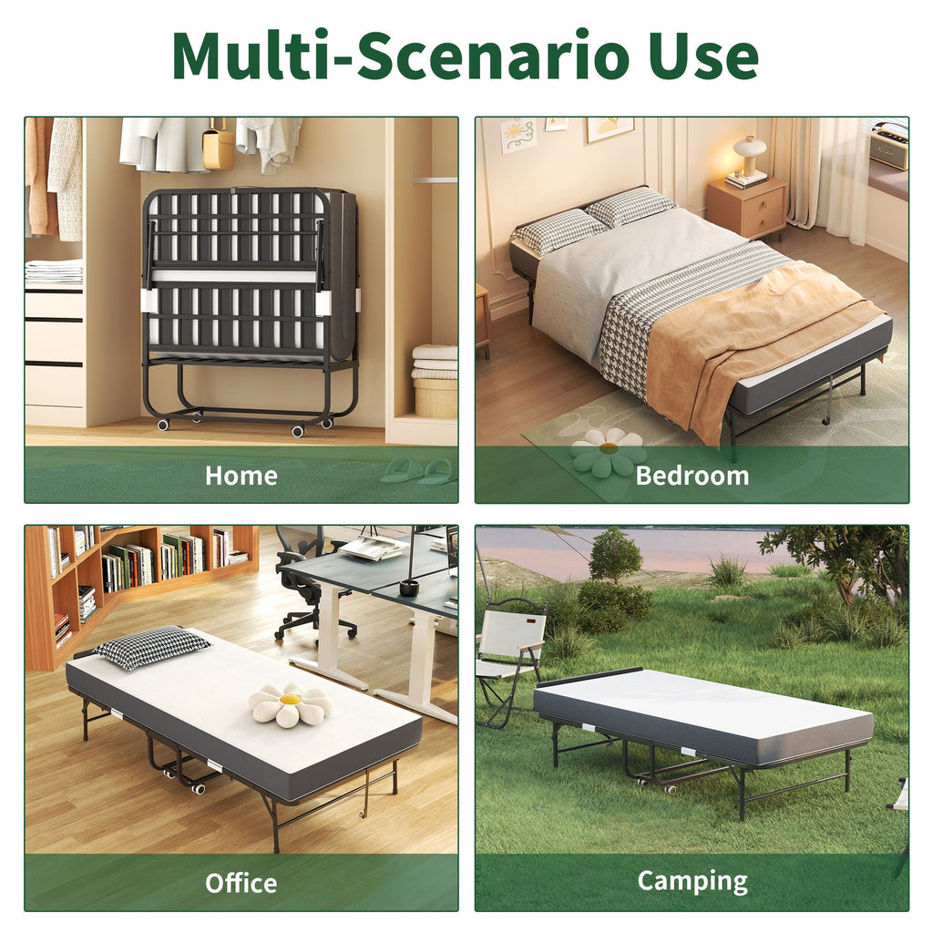 Twin Folding Bed with Adjustable Headboard – Memory Foam, Heavy-Duty Frame, Black