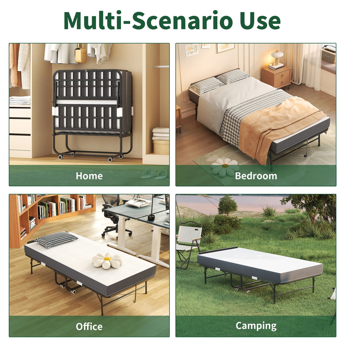 Twin Folding Bed with Adjustable Headboard – Memory Foam, Heavy-Duty Frame, Black