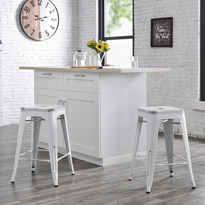 Backless Industrial Metal Bar Stools with Reinforced Design - Distressed White