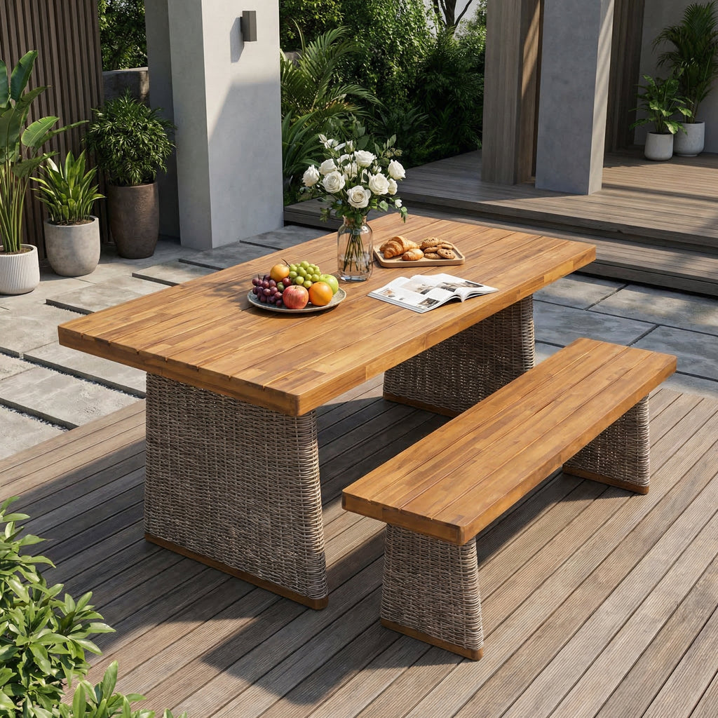 Acacia Wood Outdoor Dining Table Set with PE Wicker Bench - Brown or Grey