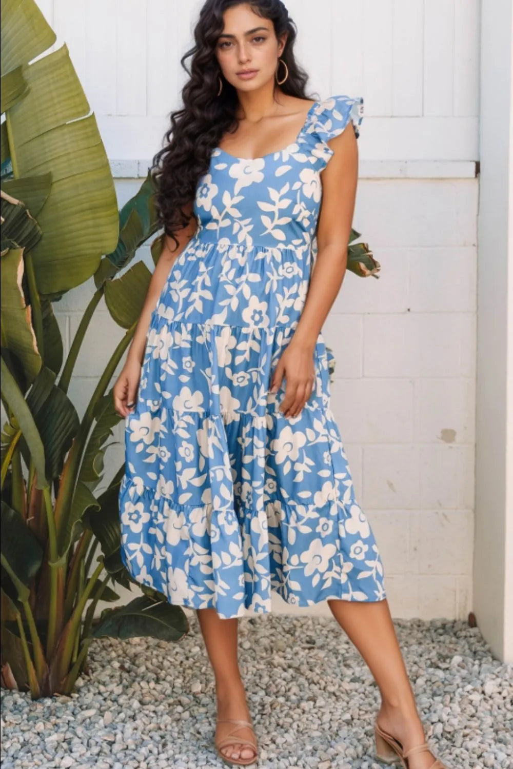 Floral Flutter Shoulder Tiered Flowy Midi Dress