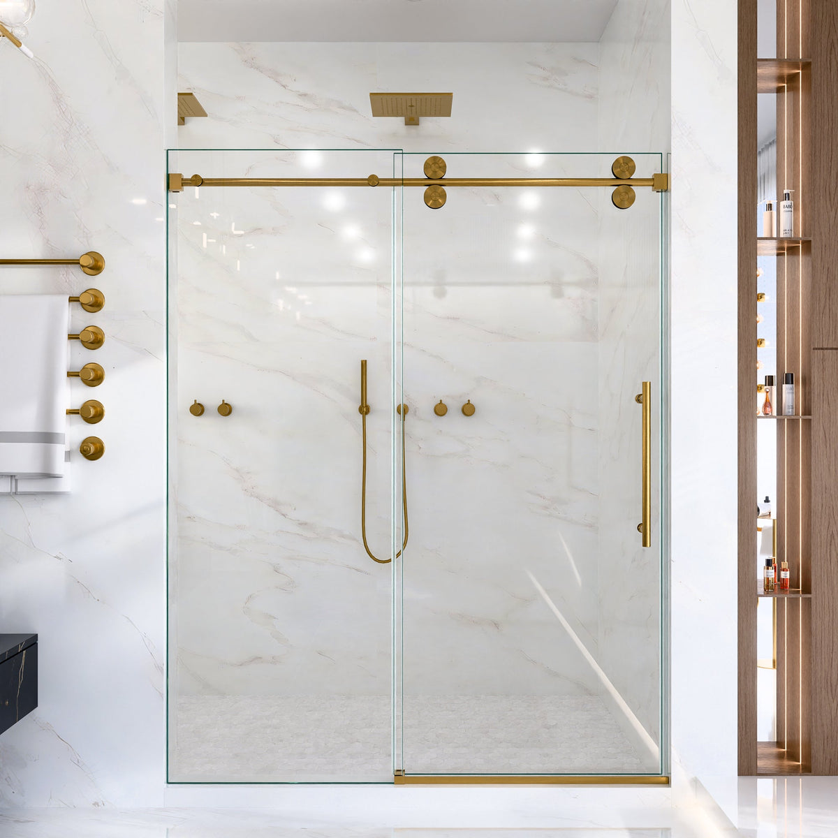 Frameless Sliding Shower Door with Quiet Rollers - Brushed Gold
