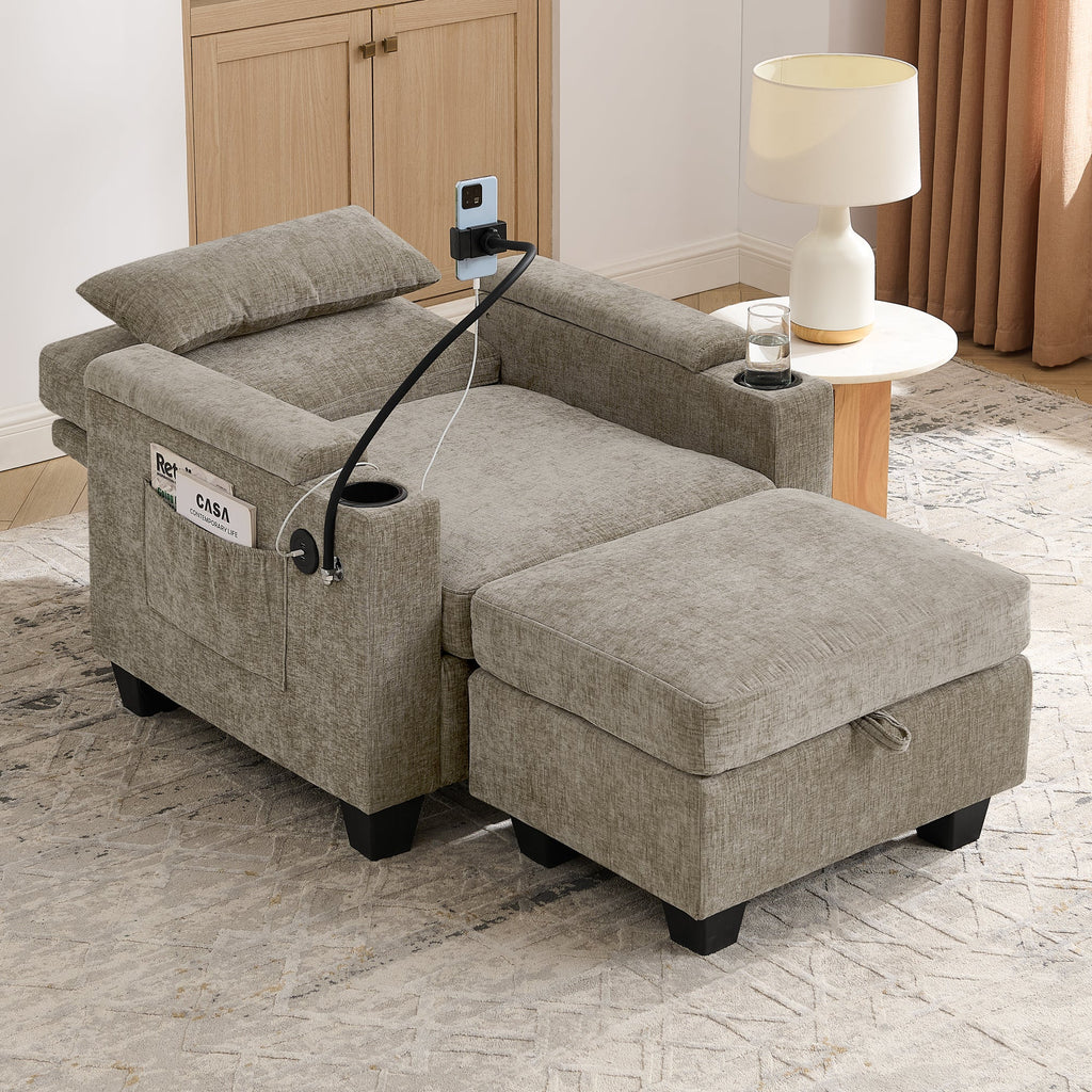 Single Sofa Recliner with Adjustable Backrest and USB Port - Brown