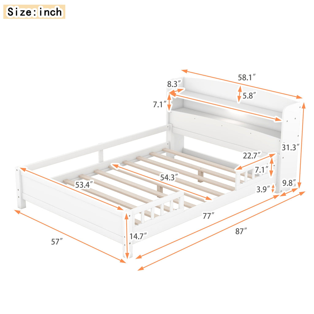 Wood Platform Storage Bed with LED Light & Storage Headboard - White or Dark Gray