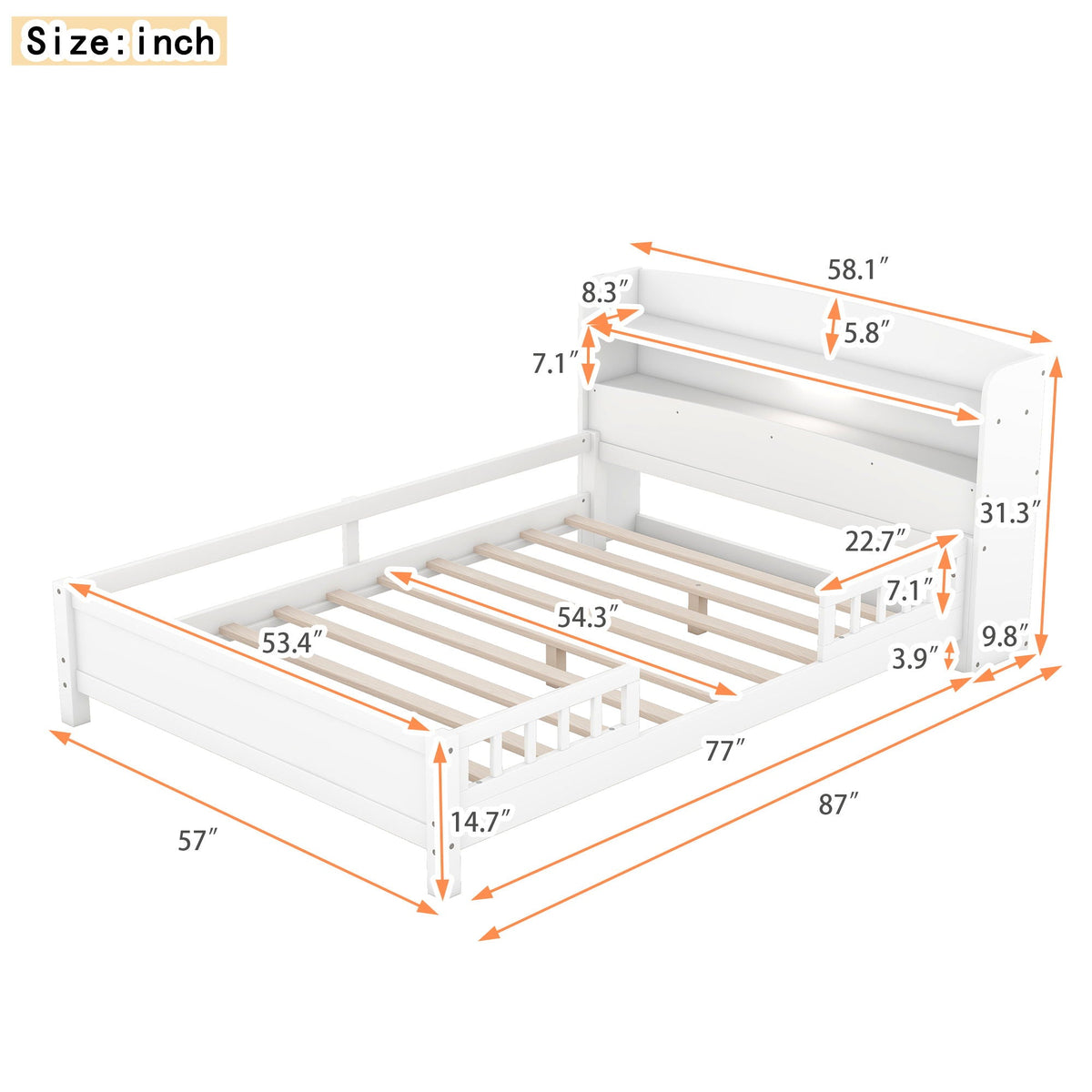 Wood Platform Storage Bed with LED Light & Storage Headboard - White or Dark Gray
