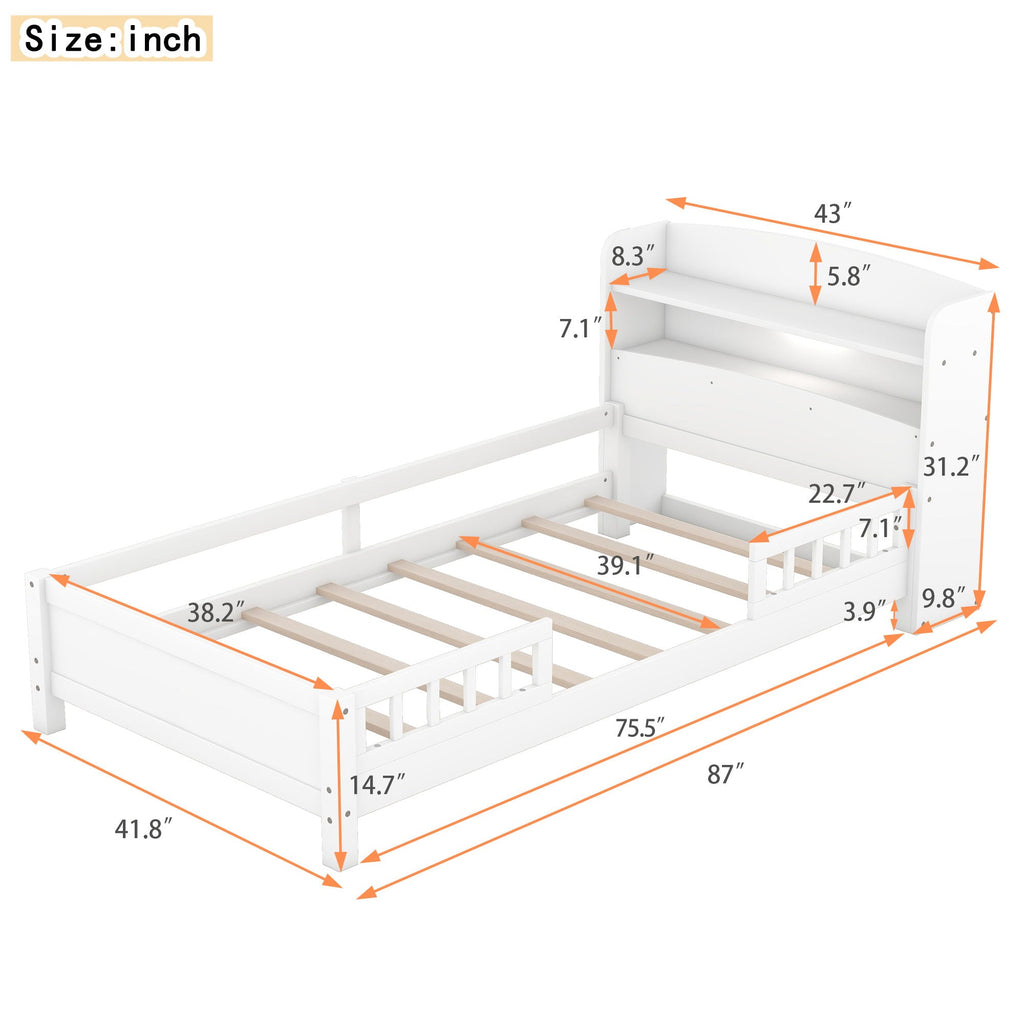 Wood Platform Storage Bed with LED Light & Storage Headboard - White or Dark Gray