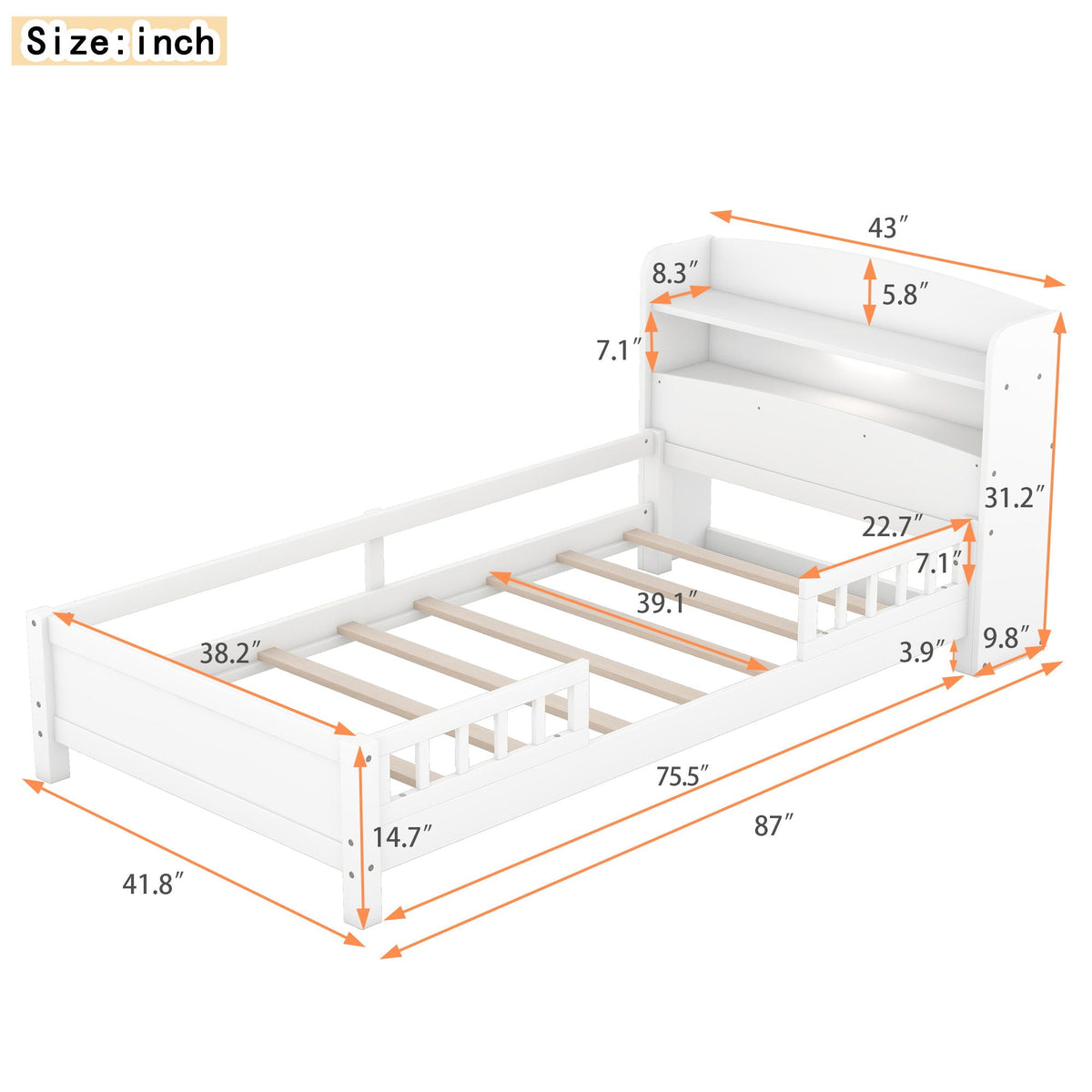 Wood Platform Storage Bed with LED Light & Storage Headboard - White or Dark Gray