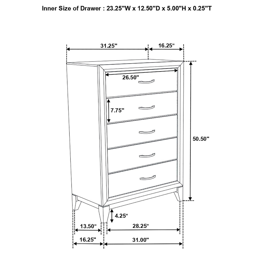 Smoke Gray 5 Drawer Chest with Solid Wood Construction - 5 Drawers
