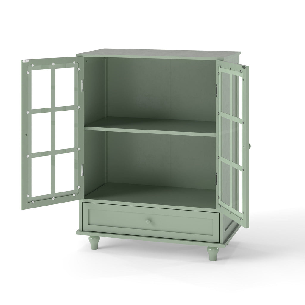 Minimalist Buffet Cabinet with Double Glass Doors and Drawer - White, Green, Black, Blue