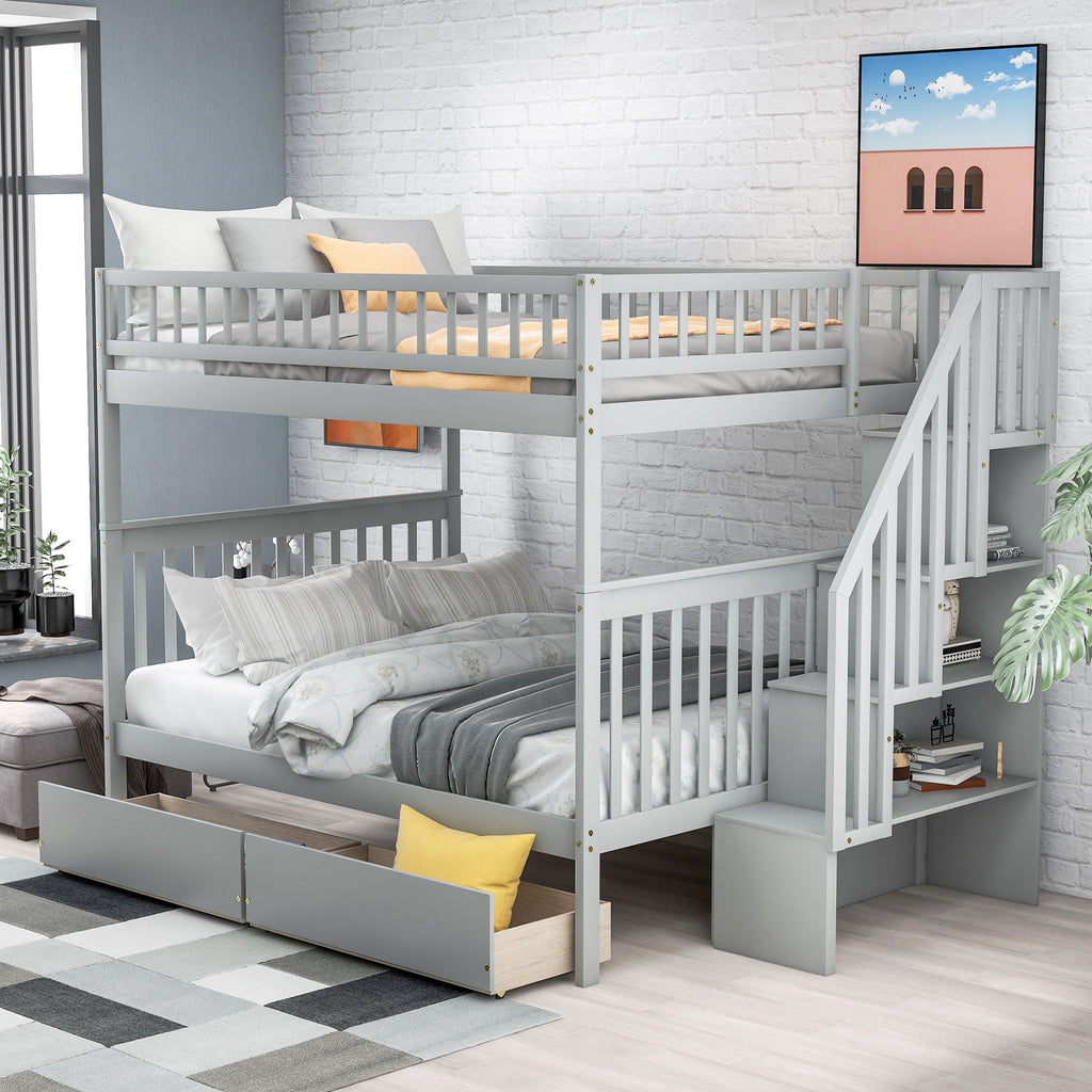 Bunk Bed with Staircase and Storage Options - Dark Gray or White