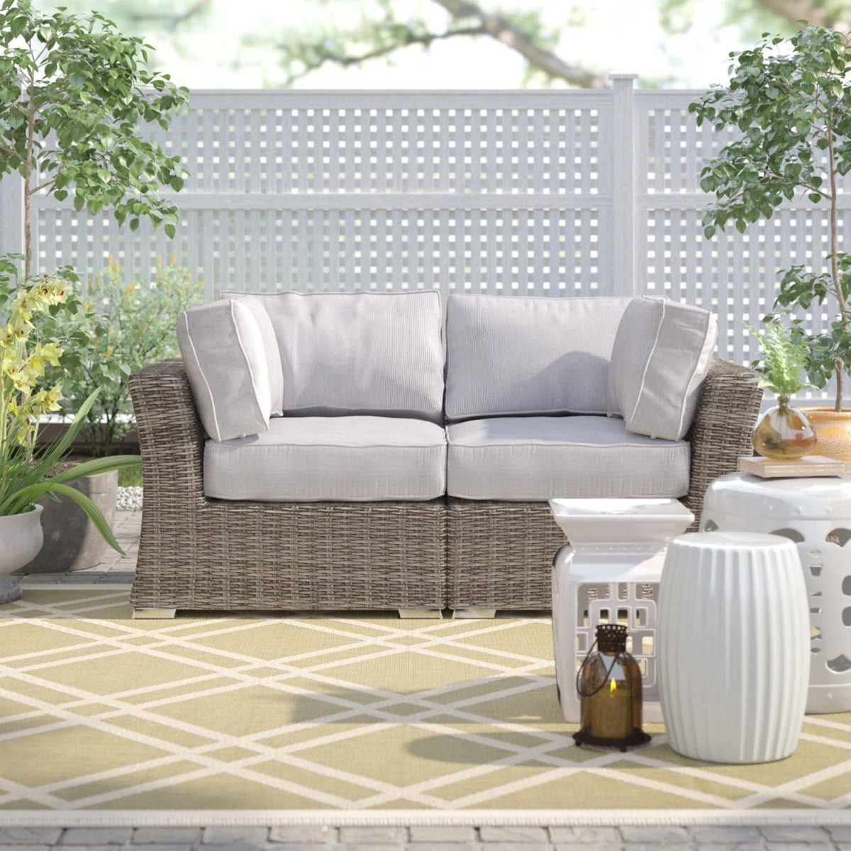 Outdoor Loveseat with Cushions - All-Weather Wicker - Light Brown or Dark Gray