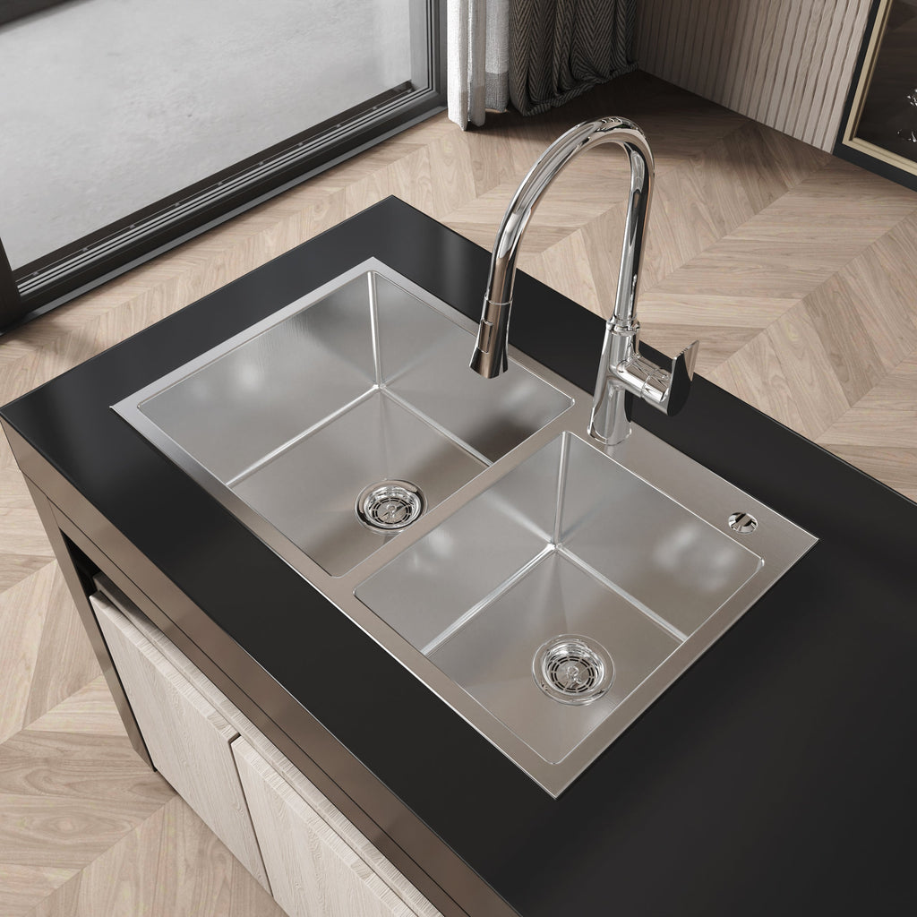 Stainless Steel Kitchen Sink with Double Bowl - Brushed Nickel