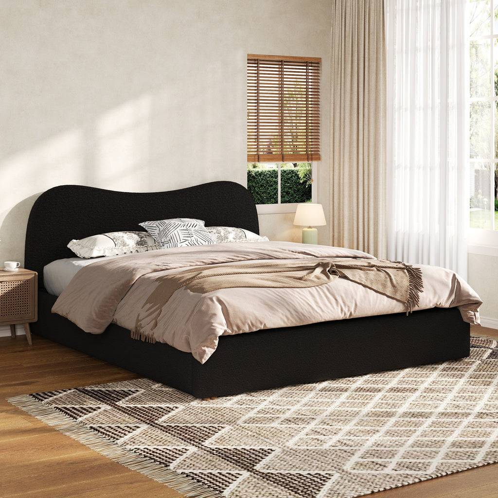 Queen Size Upholstered Platform Bed with Wooden Slats - Black or White