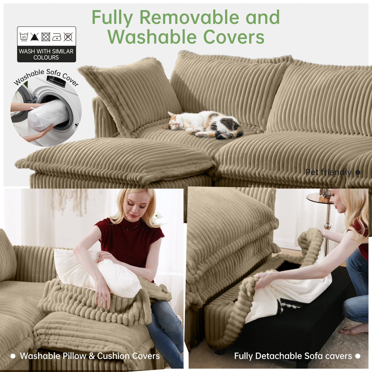 Modern 3 Seater Slipcovered Sofa with Deep Seats - Camel Corduroy
