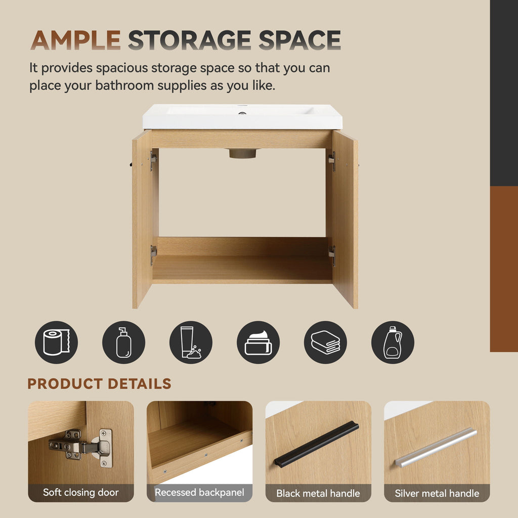 Floating Bathroom Vanity With Sink, Wall Mounted Double Door Storage - Light Brown