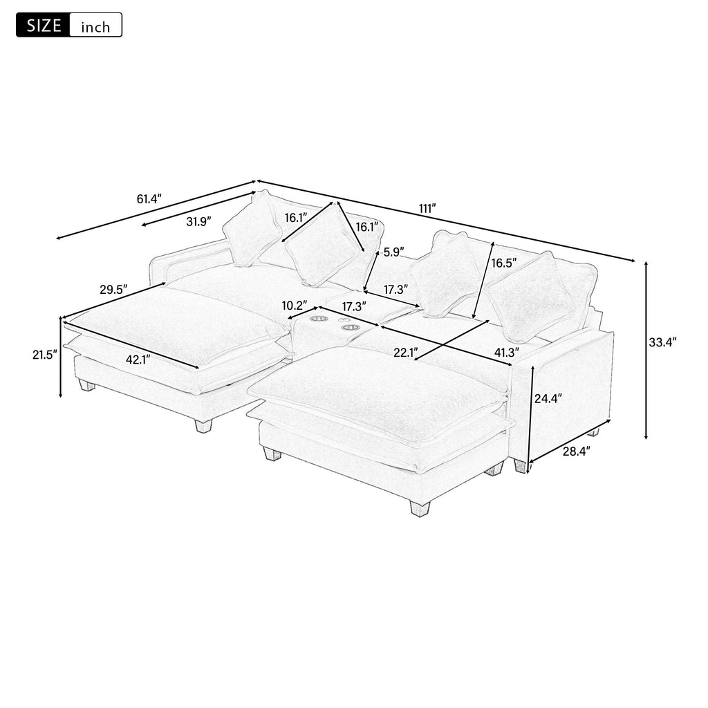 Sectional Sofa With Storage and Removable Ottomans - Gray / Light Blue