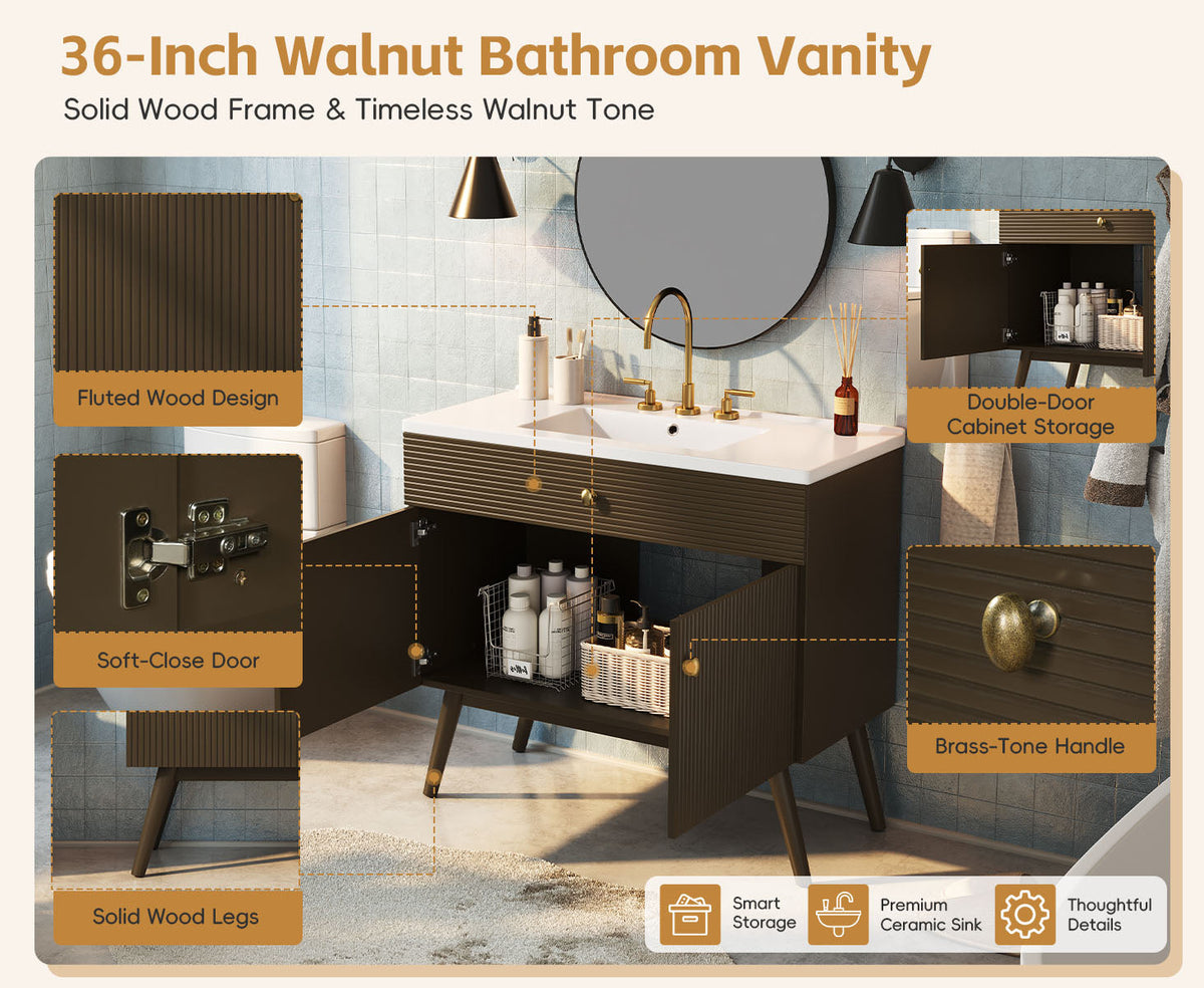 36" Luxury Striped Bathroom Vanity with Soft-Close Dual-Door Storage - Dark Brown