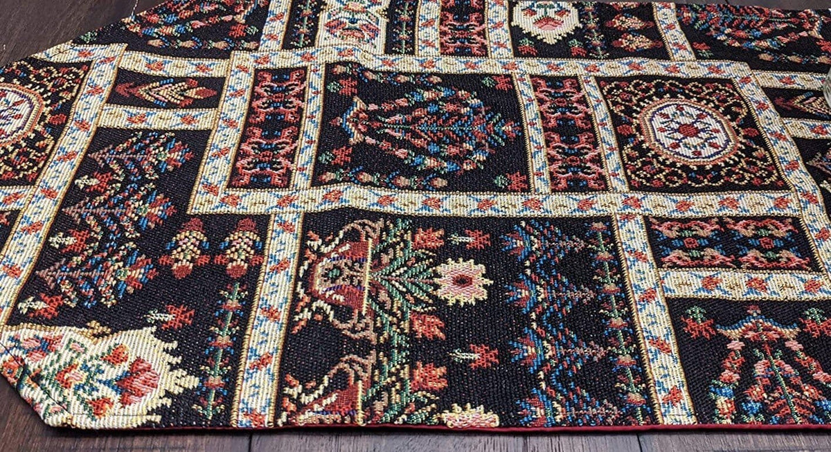 DaDalogy Bedding Elegant Woven Mughal Floral Tapestry Table Runner, Dark Noir Botanical Vintage Fleur (18197)