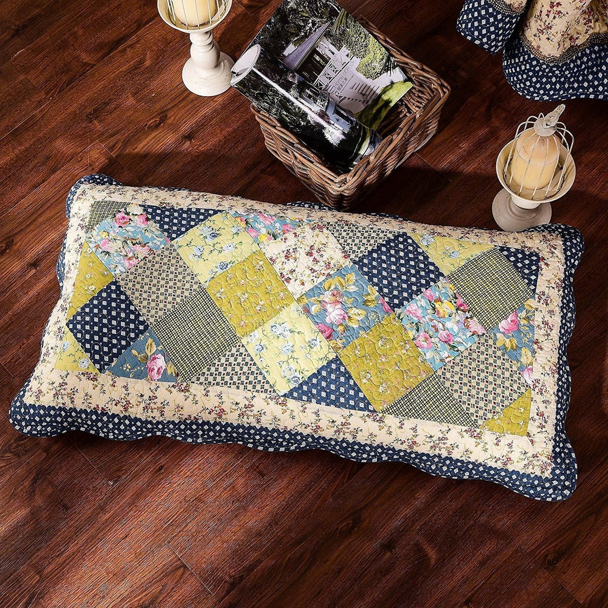 Tache Spring Shower Olive Green Navy Blue Floral Scalloped Cotton Patchwork Quilt Set (DXJ10077)